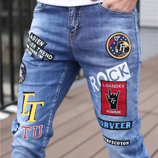 Men Jeans Fashion Street Hip-Hop Punk Style Denim Pants Slim Fit