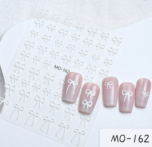 5D Embossed Nail Art Stickers - Semi-Transparent White Bowknots Adhesive Sliders for Creative Manicure Decorations and Nail Art Accessories