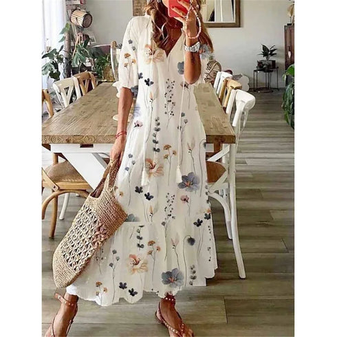 Floral Print Casual Dress for Women V Neck Half Sleeves Bohemian Holiday Beach Style