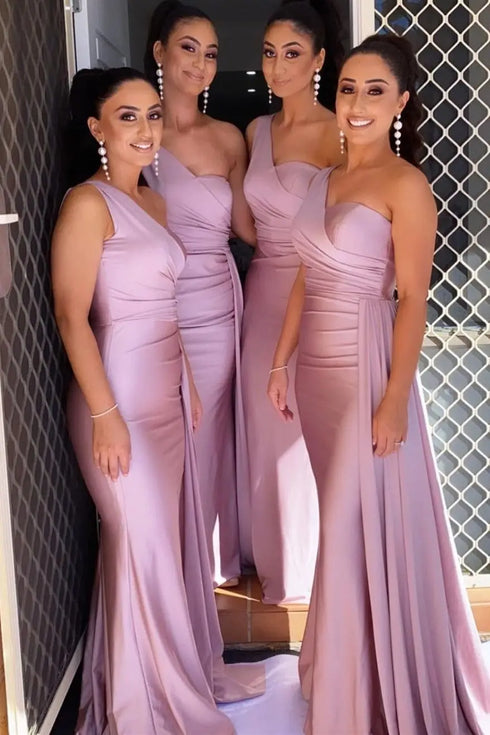 Satin Off-Shoulder Backless Pleated Bridesmaid Dress With Sweep Train Elegant Evening Gown