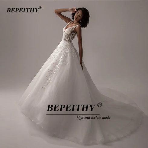 BEPEITHY Customized V Neck Sleeveless Wedding Dresses A Line Bridal Gown