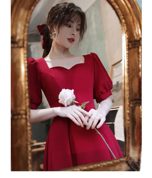 Elegant Red Midi Dress Women Summer Vintage Evening Party Dress Casual Fashion Formal Occasions One Piece Dress