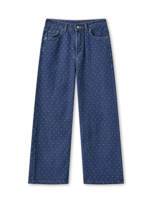 Baggy Dot Print Jeans For Women, Casual Wide Leg Denim Pants With Pockets, Low Rise Comfort Fit