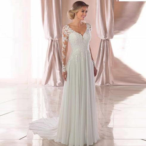 V Neck Long Sleeves Wedding Dresses Open Back Lace Applique A-Line
