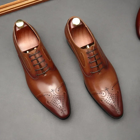 Handmade Mens Dress Shoes Luxury Genuine Leather British Trend Brogues Wedding Business Shoes