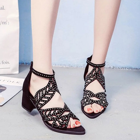 Rhinestone Faux Leather Hollow Out Thick Heel Sandals