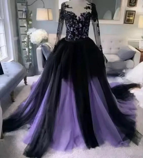 Customized Black Purple Gothic Wedding Dresses with Long Sleeve Jacket Lace Bustle Bridal Gowns
