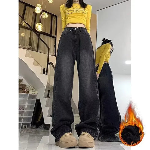 Trendy Vintage Fleece-lined Straight-leg Jeans for Women - Perfect for Autumn/Winter Loose-fit High-waisted Bell Bottoms - Fall Outfits with Jeans Inspiration