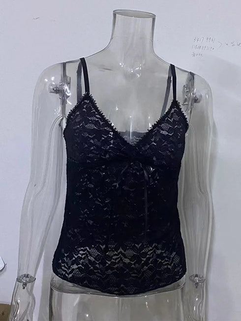 See Through Lace Cami Crop Top Sleeveless V Neck Sexy Tank Top Women Summer Y2K Gothic Aesthetic