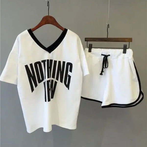 Casual Fashion Short Sets Womens 2 Pieces V-neck T-shirt and Shorts