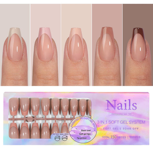 150Pcs Coffin Almond French False Nails Set - Reusable Acrylic Press On Nail Tips for Effortless Style and Glamour
