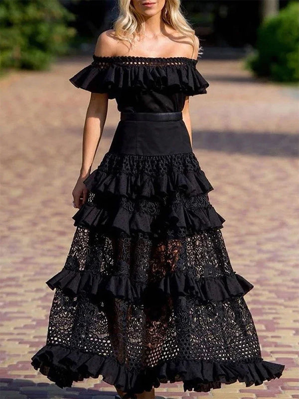 Elegant One-Shoulder Black Long Dress with Ruffle Detail