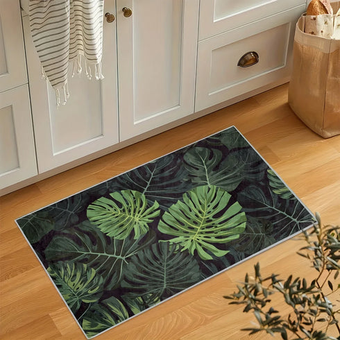 Tropical Dark Green Leaves Pattern Living Room Area Rug Washable Indoor Floor Mat Decor