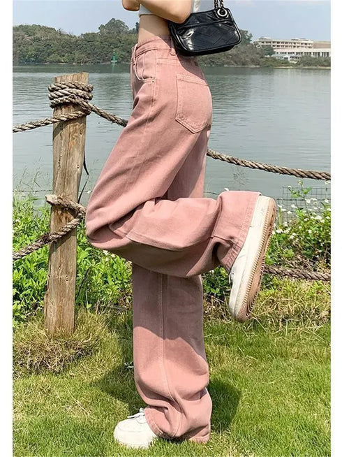 Y2k Pink High Waist Causal Wide Leg Jeans Women Straight Denim Pant