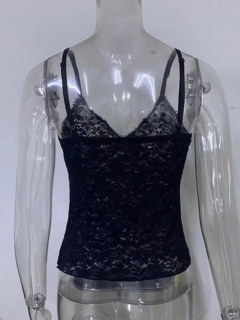 See Through Lace Cami Crop Top Sleeveless V Neck Sexy Tank Top Women Summer Y2K Gothic Aesthetic