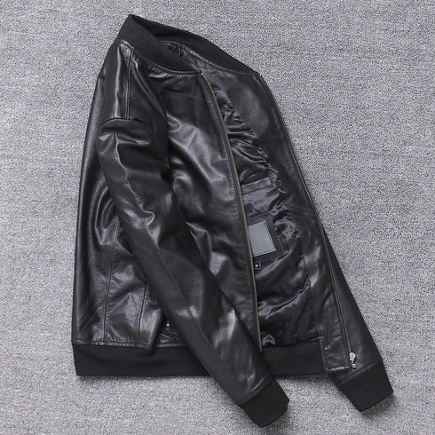Stylish Casual Men's Bomber Jacket in Genuine Cowhide Leather - Perfect Spring and Autumn Outerwear with Full Sleeves and Zipper Closure