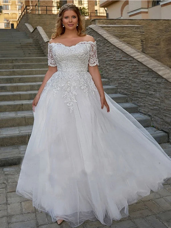 Boho Bridal Gown Aline Lace Back Short Sleeve With Appliques Plus Size Floor Length Wedding Dress