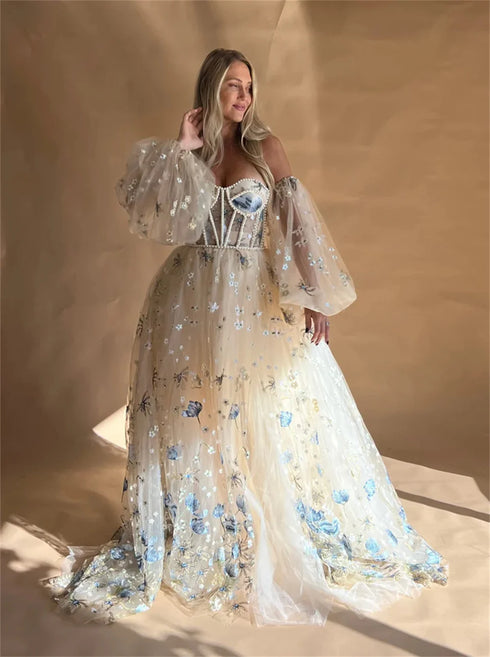 Amanda Princess Flower Lace A-Line Wedding Dress Puffy Sleeve Side Split Bridal Gown