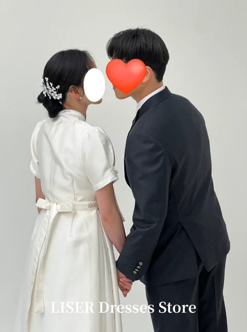 A-Line Elegant Wedding Dress With Lace-Up Back Short Sleeves Silk Satin Modern Gown
