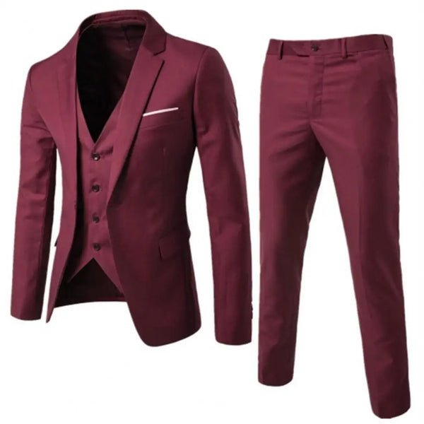 Men Three-piece Suit Formal Business Blazer Pants Set Slim Fit