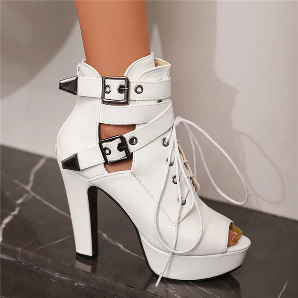 Red Yellow White Women Peep Toe Ankle Boots Platform Lace Up High Heels Female Buckle Shoes