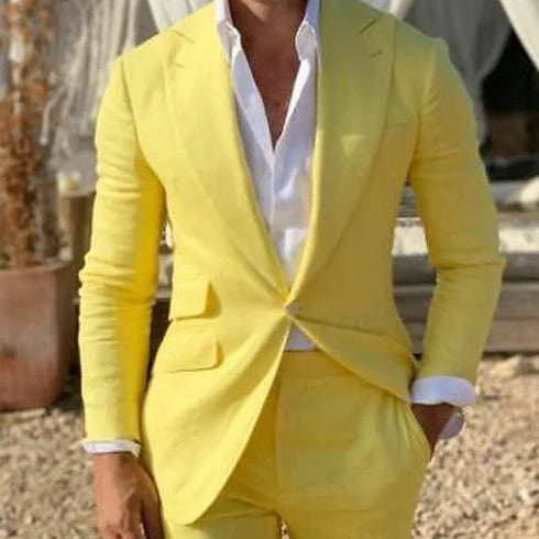 Slim Fit Linen Beach Suit for Men 2 Piece Wedding Tuxedo with Blazer and Pants