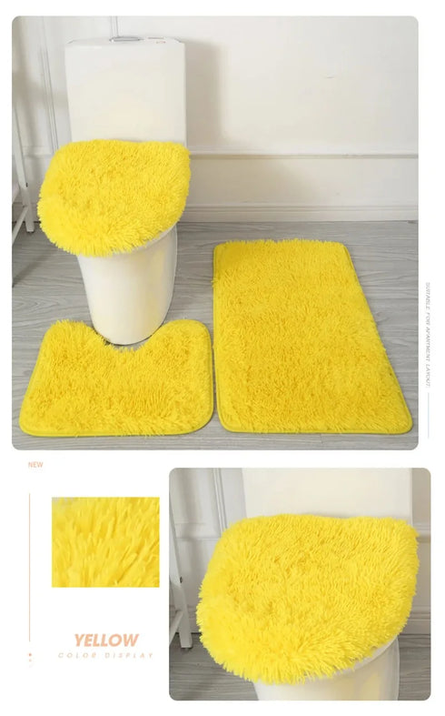 3 Piece Solid Color Bathroom Carpet Set Non-Slip Toilet Lid Cover Rugs Kit
