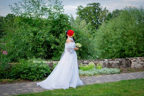 Customized Boat Neck Detachable Puff Sleeve A-Line Wedding Dresses