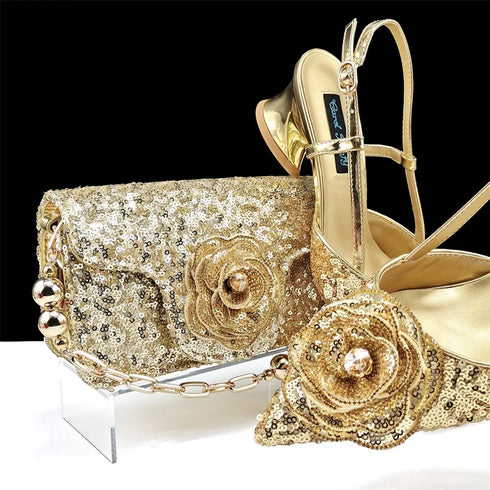 Elegant Women's Pumps and Handbag Set with Sequins for Luxury Parties