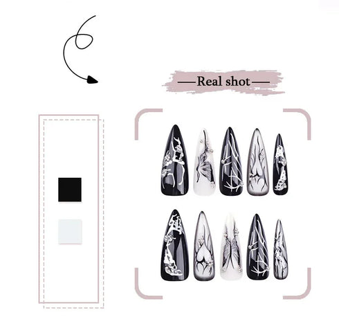 Punk Style Black Flame Love Heart Press On Nails with Butterfly and Star Charms - Long Pointed False Nail Art for Y2K Manicure and Parties
