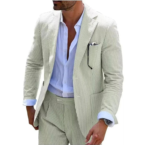 Summer Stripe Men Suit 2 Piece Seersucker Notched Lapel Jacket Pants Casual Blazer Slim Fit