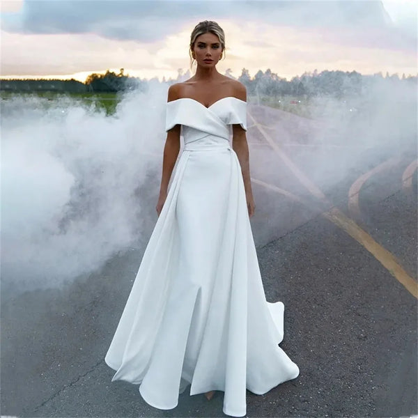 White Mermaid Satin Wedding Dresses with Detachable Overskirt Train Customized Bridal Dress 2 in 1 Gowns
