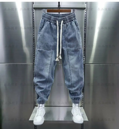 Men's Hip Hop Casual Denim Jogger Pants with Elastic Waist and Letter Print