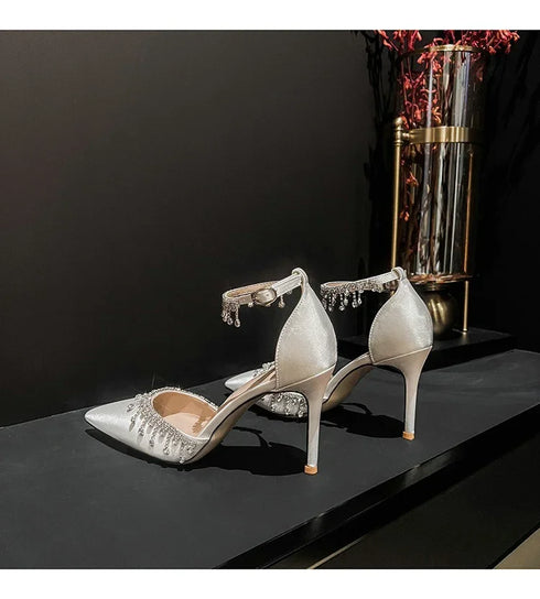 Comemore White Wedding Bridesmaid Satin Pumps with Rhinestones