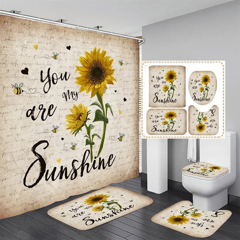 4 Piece Doormat Shower Curtain Set with Non-Slip Rugs Toilet Seat Cover and Bath Carpet for Bathroom Decor