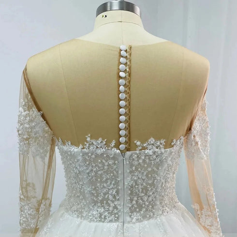 Customized Elegant Wedding Dress Illusion Neck Long Sleeves Lace Appliques Pearls Beads Bride Gowns