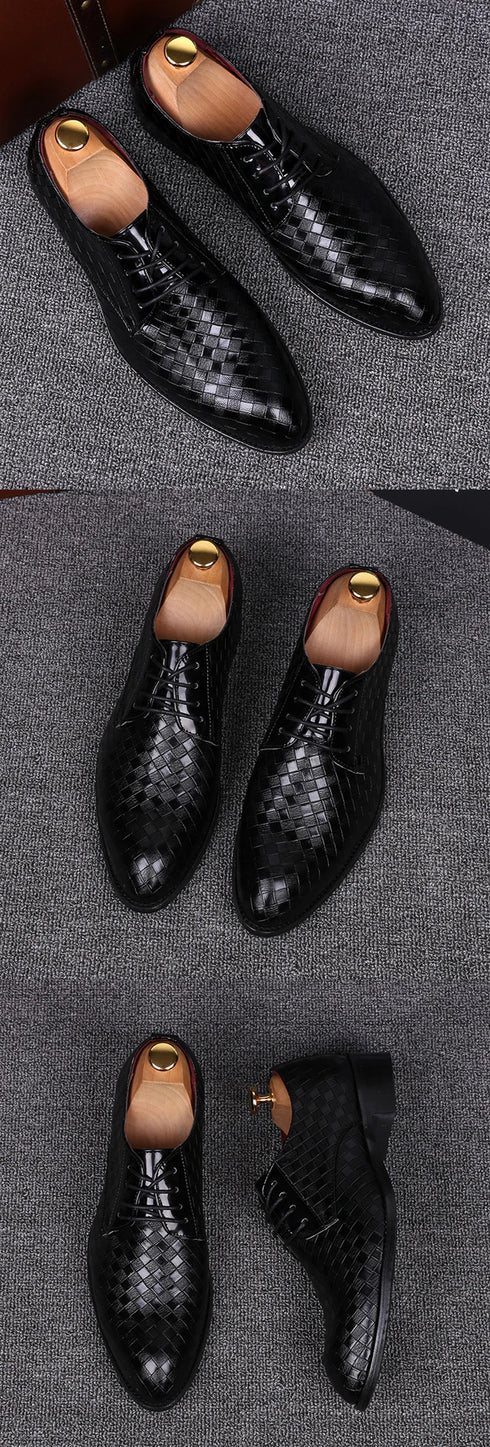 Elegant Plaid Pointed Toe Lace-Up Men's Leather Oxfords - Stylish Casual Business Dress Shoes for Formal Occasions
