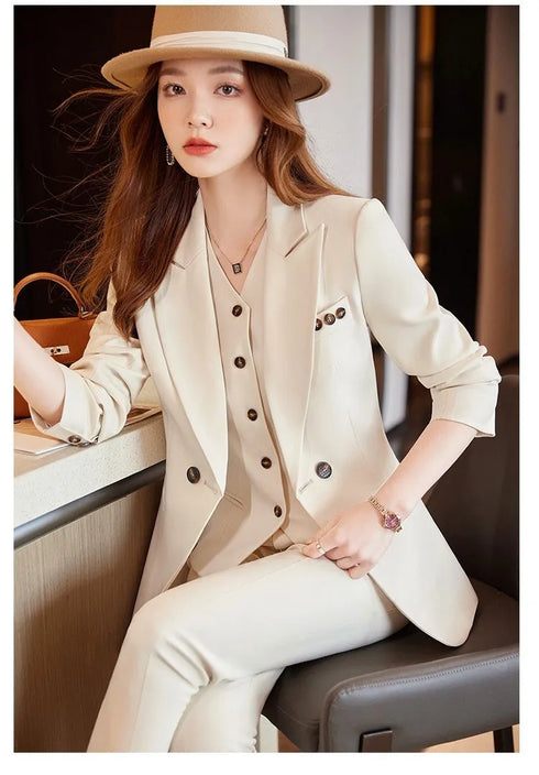 Chic Korean Fashion Women's 3-Piece Blazer Suit Set with Long Sleeve Vintage Jacket and Vest + Slim Straight Pencil Pants for Elegant Business Outfits