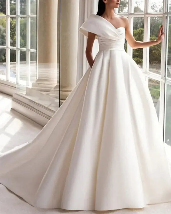 Customized Modern A-Line Wedding Dresses with Buttons and One Shoulder Design