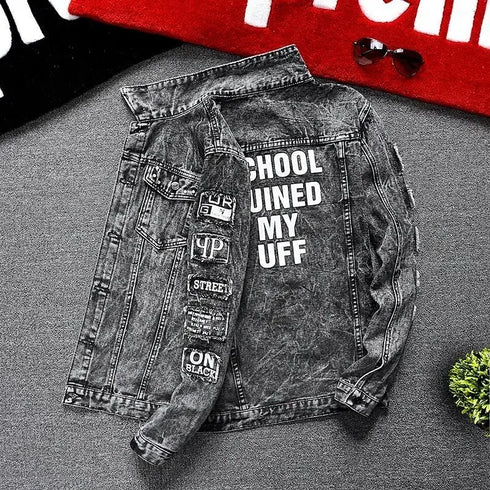 Men's Slim Fit Ripped Denim Jacket with Print for Hip Hop Style - Trendy Outerwear for Dance and Casual Wear