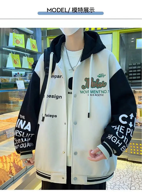 Men's Casual Hooded Jacket M-6XL - Spring and Autumn Korean Fashion Loose Fit Coat with Baseball Jersey Style and Letter Pattern