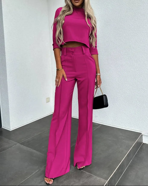 Chic Turtleneck Slim Fit Women's Office Set with Pocketed Flare Pants for Elegant Summer Outfits Inspo