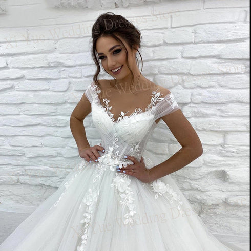 Boho Charming Princess A Line Wedding Dresses Illusion Appliques Gowns