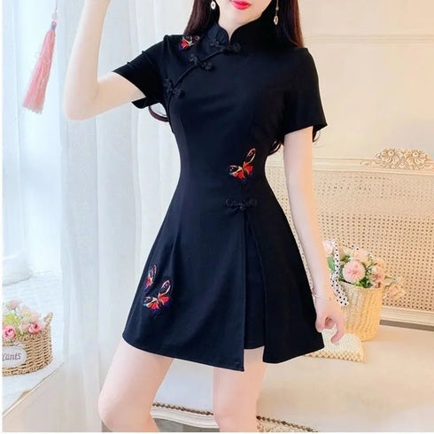 Women's Suit Chinese Style Outfits Matching Crop Top Shorts Two Piece Sets Summer Retro Cheongsam Lady Clothes