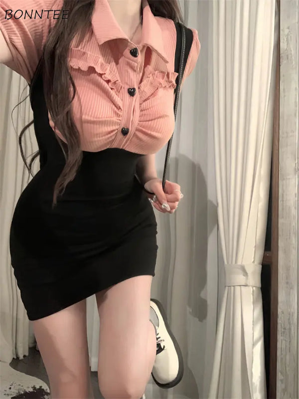 Dresses Women Fake Two Pieces Slim Patchwork Sexy Fashion Streetwear Summer Holiday Cute Turn-down Collar