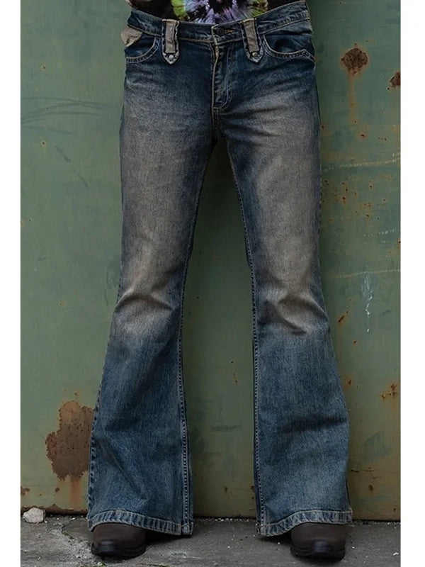 Punk Style Men Flared Baggy Jeans Bootcut Distressed Denim Pants