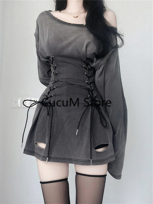 Fairycore Grunge Goth Corset Dress Women Aesthetic Streetwear Bodycon Y2k Indie Clothes