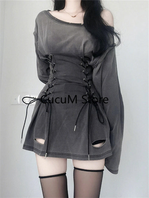 Fairycore Grunge Goth Corset Dress Women Aesthetic Streetwear Bodycon Y2k Indie Clothes