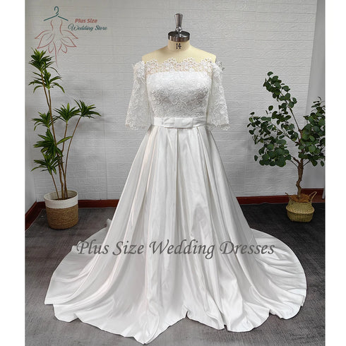 Modern Wedding Dresses Boat Neck Half Sleeves Bridal Gowns Lace Appliques A-Line Court-Train