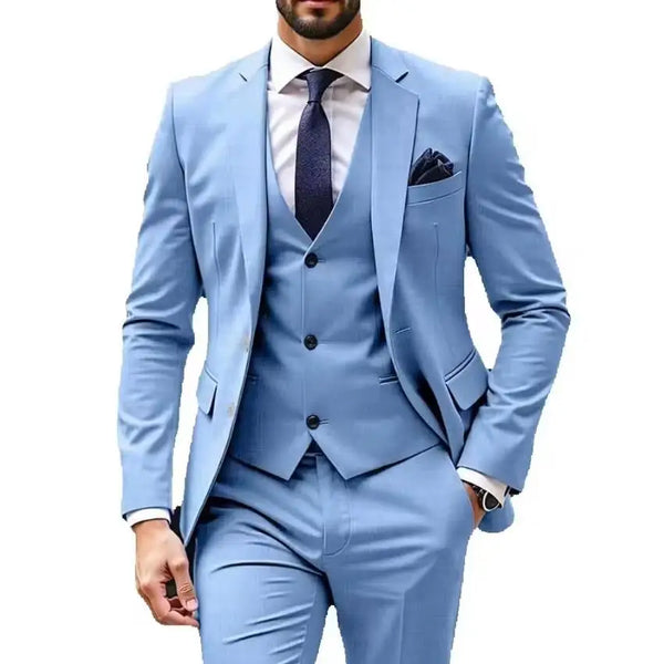 Light Blue Men Suits 3 Piece Jacket Pants Vest Formal Blazer